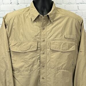 ExOfficio Button Front Shirt Hiking Hiker Fisherman Fishing Vented Beige Medium